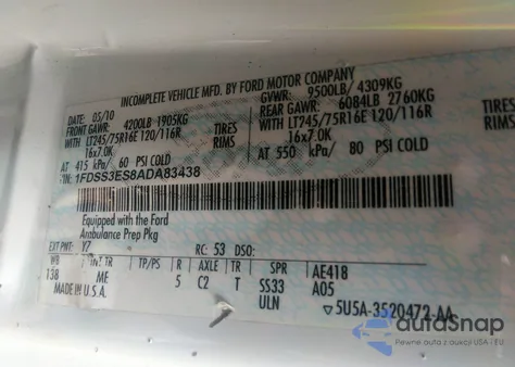 2010 Ford E-350 Super Duty Commercial/Recreational из США, поврежденный, VIN 1FDSS3ES8ADA83438